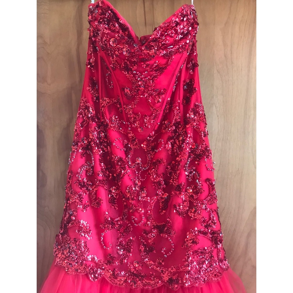 SHERRI HILL-RED BEADED PROM GOWN - Picture 2 of 5